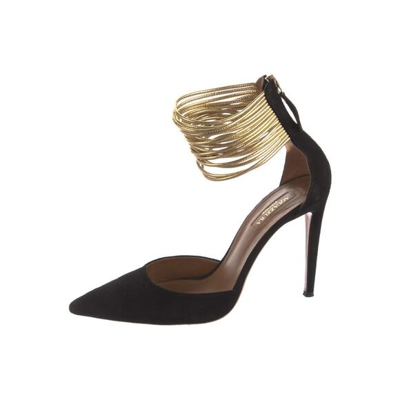 Aquazzura Hello Lover Black Suede Gold Ankle Strap Heels Pumps Size 40.5 - Picture 1 of 6